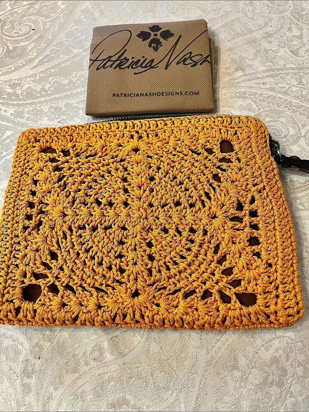 Patricia Nash Leather/ Crochet Wristlet Clutch in Orange NWOT